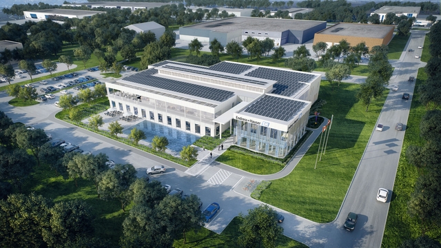 Nuovi edifici per uffici con pannelli solari fotovoltaici e pompe di calore per ridurre l'impronta di carbonio